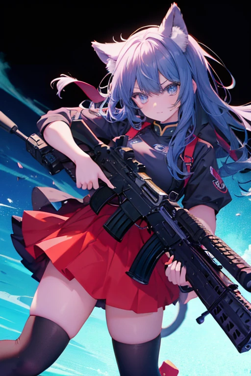 An anime girl with cat ears,With an assault rifle in his hand。