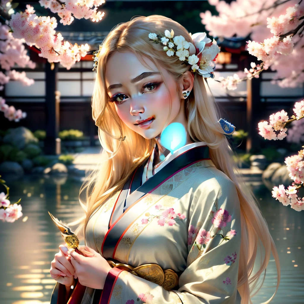 (best quality,4k,8k,highres,masterpiece:1.2),ultra-detailed,realistic,
portrait of a beautiful woman in a traditional Japanese kimono(gorgeous details,long sleeves),
enjoying the serene beauty of a Japanese garden in full bloom(blossoming cherry trees with delicate petals,floating lanterns),
while standing on the rooftop terrace (overlooking a breathtaking cityscape,bird's eye view),
bathed in soft golden hour sunlight (warm and gentle lighting,captivating shadows),
surrounded by the gentle sound of wind chimes,
immersing herself in the tranquil ambiance of the moment (peaceful and harmonic atmosphere),
exuding an air of grace and elegance (graceful posture,serene and contemplative expression),
with her eyes twinkling like gemstones (sparkling detailed eyes,mesmerizing beauty),
and rosy lips gently curved into a contented smile (subtly captivating lips,serene and gentle smile),
her kimono adorned with exquisite patterns (intricate floral motifs,traditional craftsmanship),
creating a mesmerizing blend of traditional and contemporary aesthetics,
highlighted by vibrant colors and intricate details (rich and vivid hues,elaborate weaving),
with hints of gold and silver adding a touch of elegance (subtle metallic accents,understated luxury),
transporting the viewer to a world where the past meets the present,
and the beauty of nature fuses with the allure of modernity.