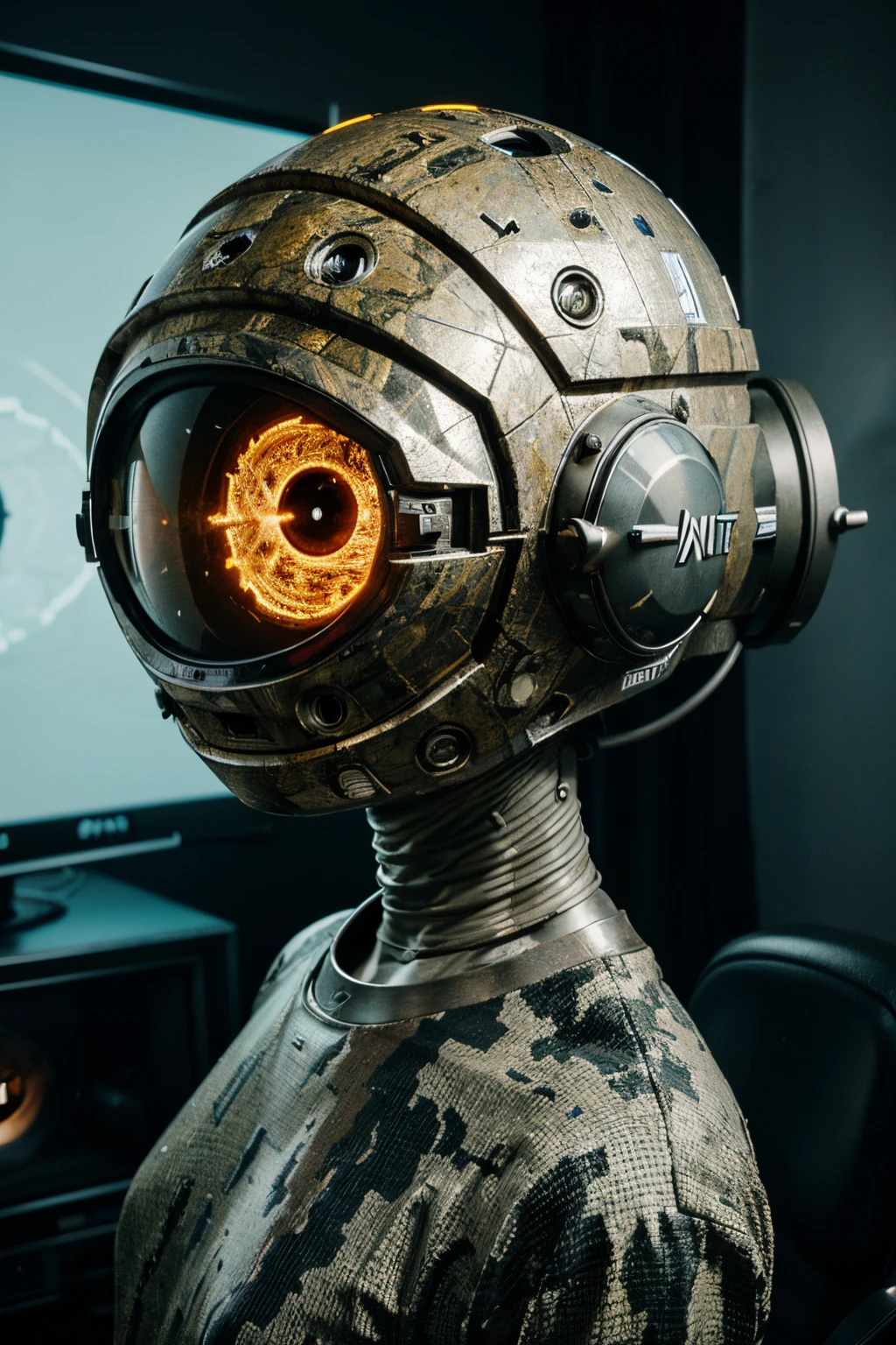 A Modern flat toon Crazy whit a Big ONE a Only Eye Robot and helmet Style, tongs in hands, Tv head, pinhead, camouflage Yellow White Rusty, Ambient in a meteorite crater super detailed, center, beautiful, soft lighting, focused on the character, 4K resolution, photorealistic rendering,