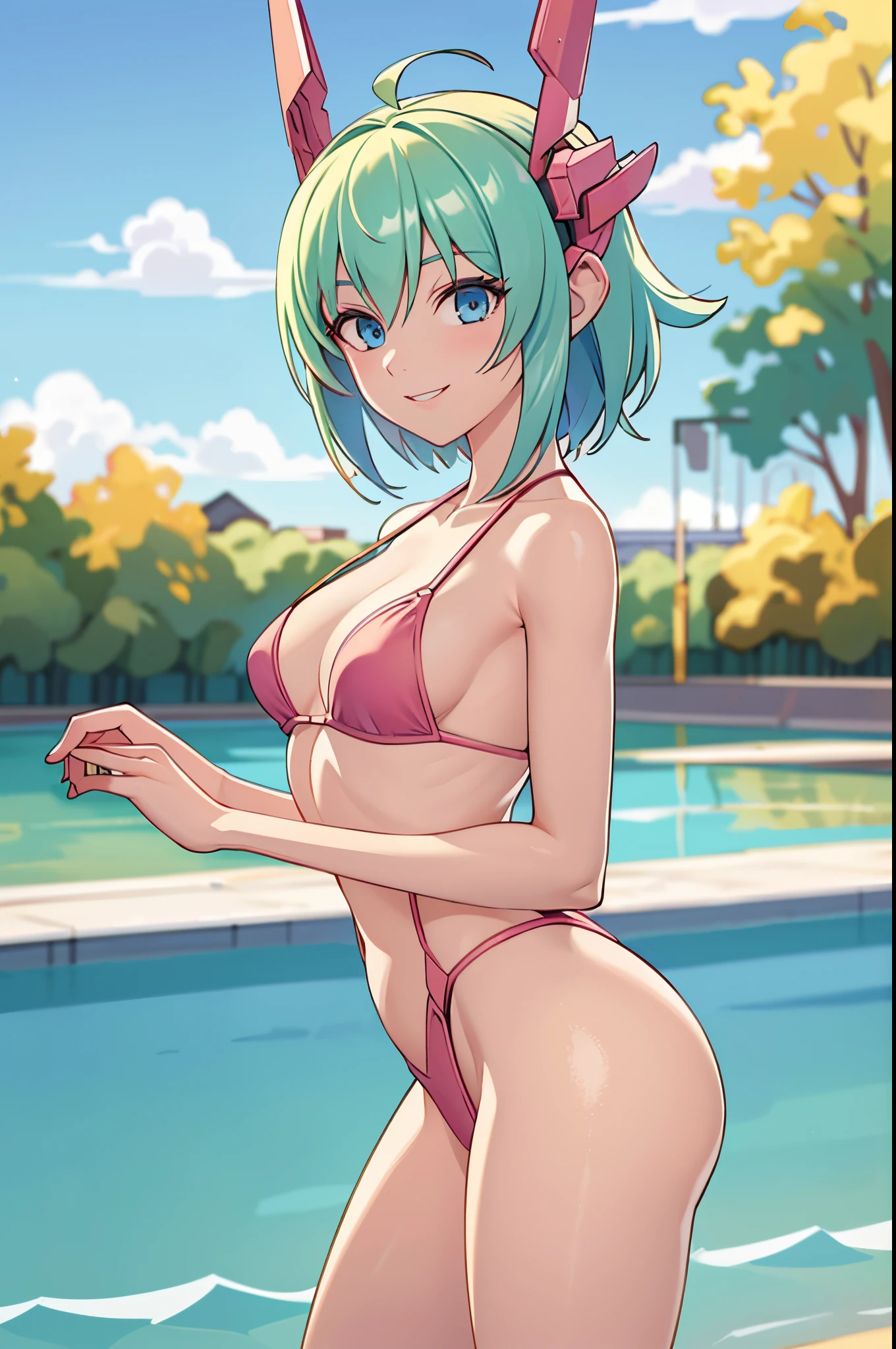 (best quality,4k,8k,highres,masterpiece:1.2),ultra-detailed,realistic,beautiful detailed eyes,beautiful detailed lips,extremely detailed eyes and face,longeyelashes,portraits,pink bikini,green hair, short hair,blue eyes,red mecha headgear,small breasts,smiling,piscina,sharp focus,vivid colors, full body in frame, sun light in front, less shadow, from behind, vivid colors