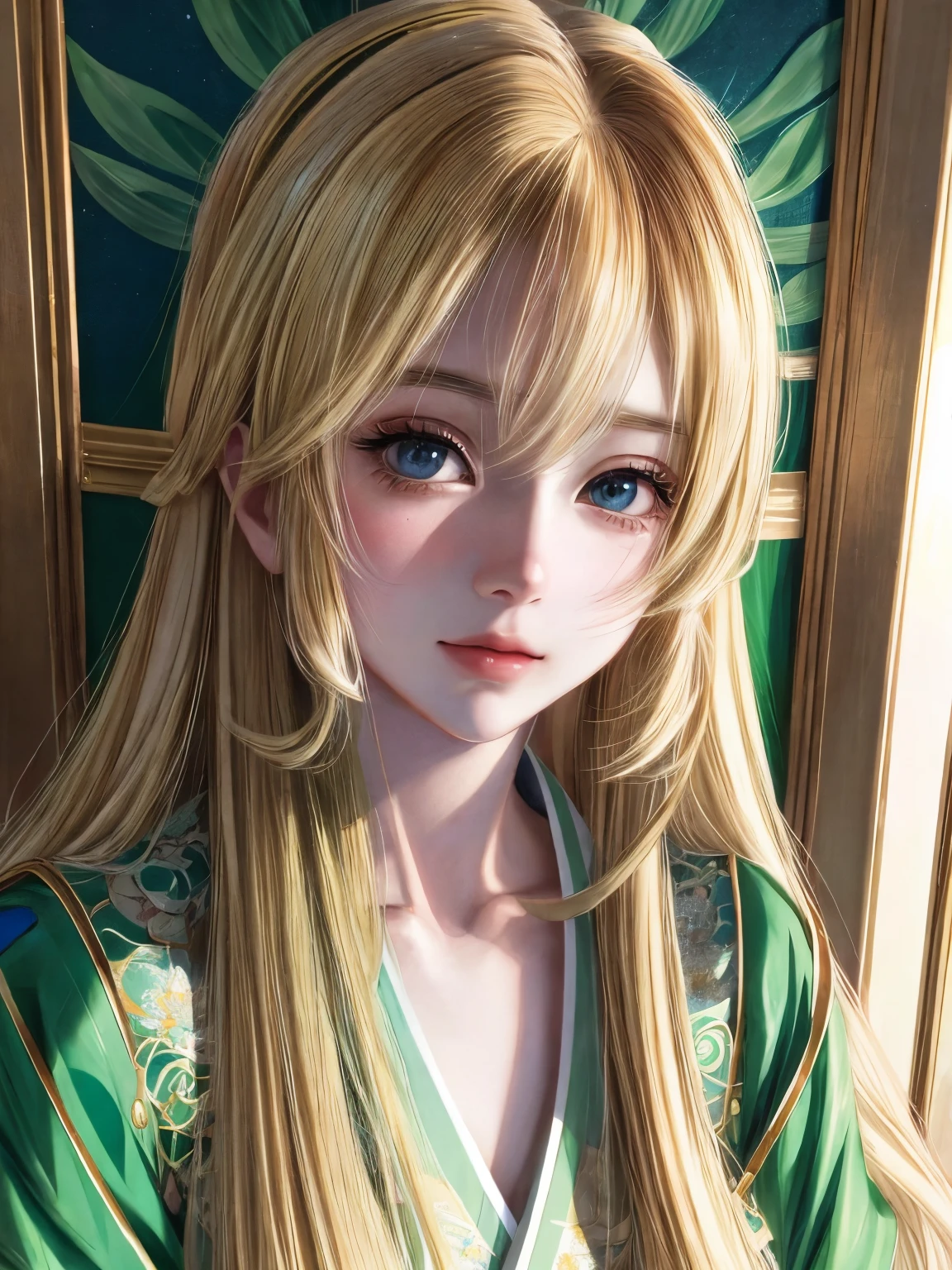 a close up of a woman with long blonde hair and a green dress, beautiful anime portrait, detailed portrait of anime girl, stunning anime face portrait, in the art style of bowater, kawaii realistic portrait, digital anime illustration, beautiful anime girl, portrait anime girl, beautiful character painting, beautiful anime style, cute anime girl portraits, beautiful anime woman, cute anime girl portrait,full body