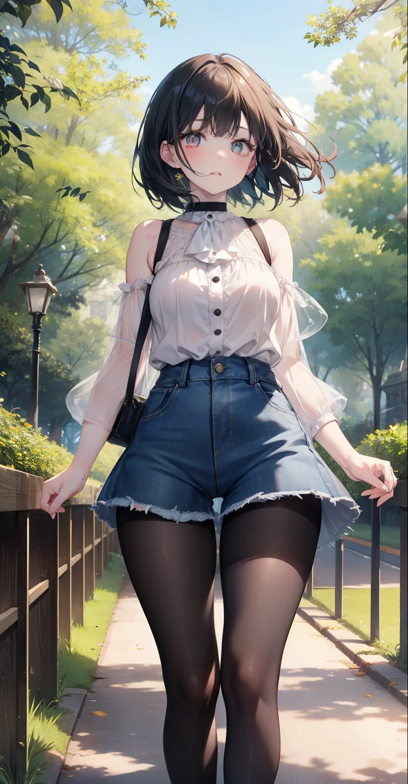 1 girl, pale skin, eyes, mouth, lips, hair, bangs, locks, neck, shoulders, short blouse, perfect belly, short denim shorts, thick legs, thick thighs, tight short pantyhose, background scene, in the park, beautiful day, wind, flying leaf, lighting, people around, green aria, trees