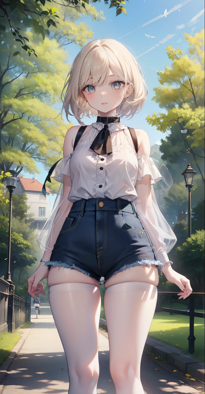 1 girl, pale skin, eyes, mouth, lips, hair, bangs, locks, neck, shoulders, short blouse, perfect belly, short denim shorts, thick legs, thick thighs, tight short pantyhose, background scene, in the park, beautiful day, wind, flying leaf, lighting, people around, green aria, trees