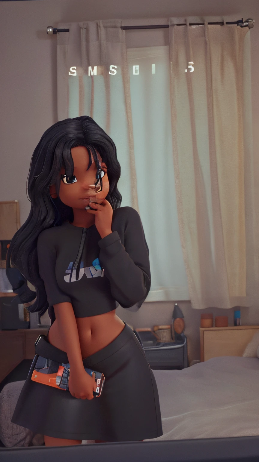 1 girl,(black har bob)(beautiful hair)blue samsung a23 4g, zipper crop top, black skirt,left hand on lower abdomen,right hand holding phone covering right side of the face, mirror, curtain in the background