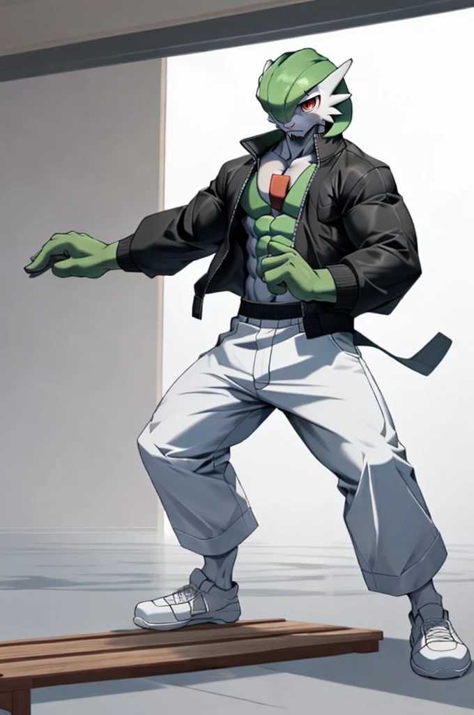 masterpiece, best quality, full body, Solo, male focus, (androgynous), furry, pectorals, pectoral cleavage, muscular, ((Gardevoir)), ((pokemon)), (crop jacket), (tai chi),