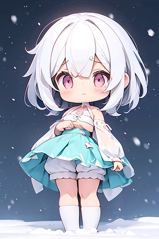 girl, ((li)), medium hair, ((small breasts)), fetal_position, shorts under skirt, white hair, kawaii, ((chibi)), snow, transparent_background,