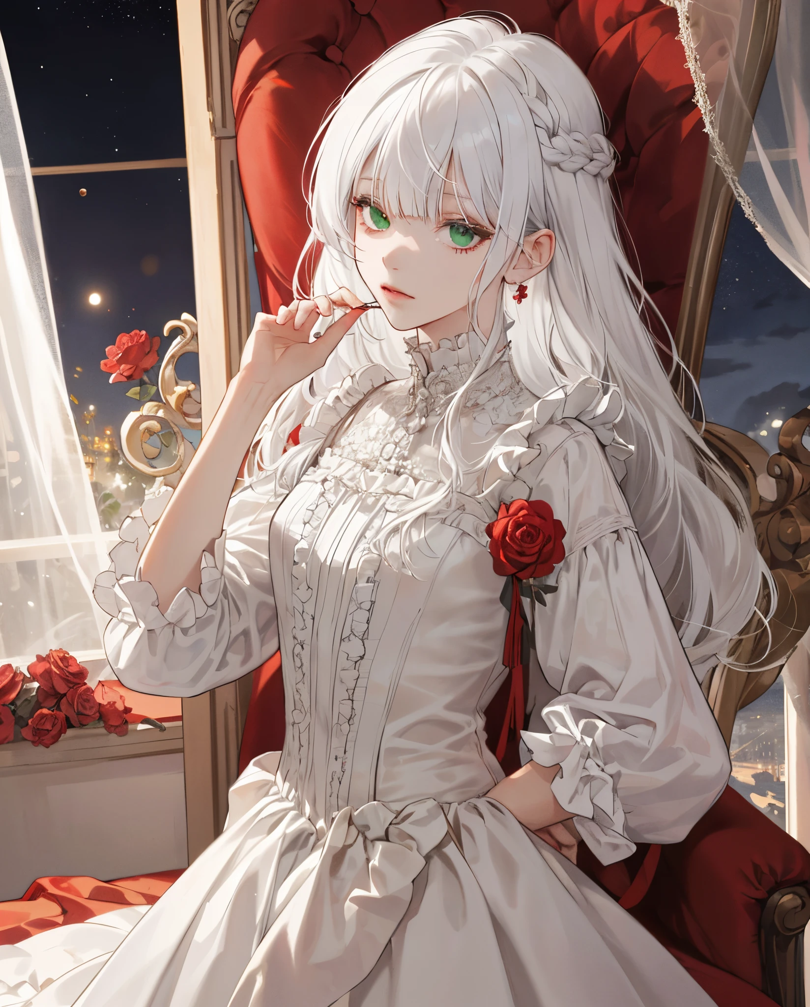(limited palette), Best Quality, (((masutepiece))), (((beautiful detailed hair))), (((Beautiful detailed skin))), Solo, , Younger, Lori, (((White hair))), Green eyes, (mascara), Blunt bangs, ((hair over eyes)), Long hair, tiny chest, frilled white dress, white frills, Too much decoration, Rose, noble, faithfully, Bride's hair, (((Eye focus))), (((deadpan))), the background is blurred, Empty eyes, blank eye, (Red Theme), Bedroom background, view the viewer, (((hair tucking))), (((Night))), Semi-closed eyes, close-up, (((hair adornments))), erect body, neatly cut bangs, Braided hair on the back of the head, Sleeveless dress,