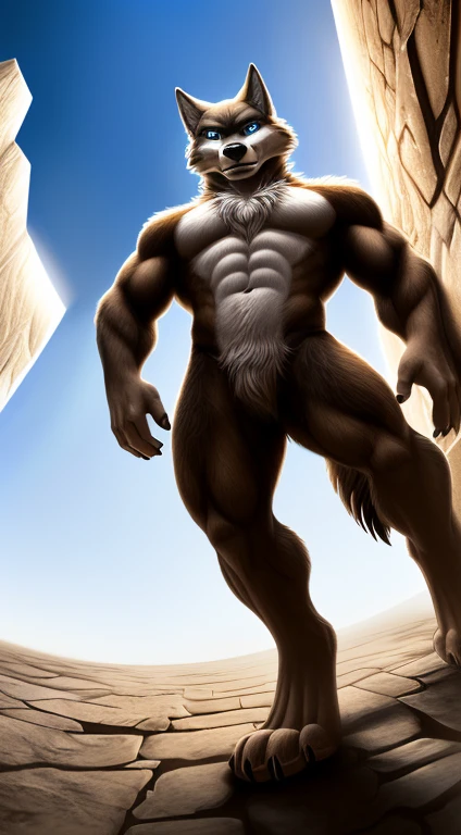 ((solo, full body perspective, chest level shot, standing, calm expression, anthro, looking at viewer)), male, ((wolf-face, detailed fluffy fur, extremely detailed, muscled body, paws, four toes, two-tone fur, brown and white furred body)), blue eyes, high contrast, dynamic composition, high resolution, (five fingers)