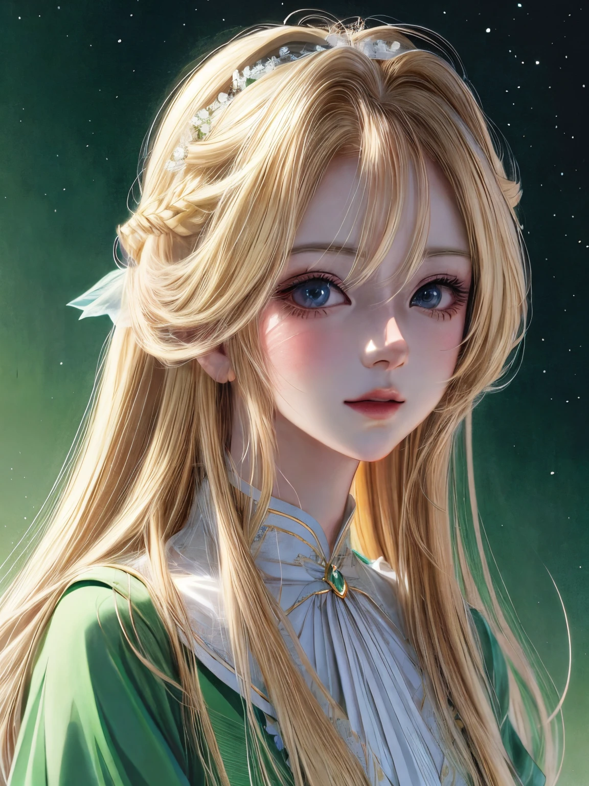 a close up of a woman with long blonde hair and a green dress, beautiful anime portrait, detailed portrait of anime girl, stunning anime face portrait, in the art style of bowater, kawaii realistic portrait, digital anime illustration, beautiful anime girl, portrait anime girl, beautiful character painting, beautiful anime style, cute anime girl portraits, beautiful anime woman, cute anime girl portrait,full body