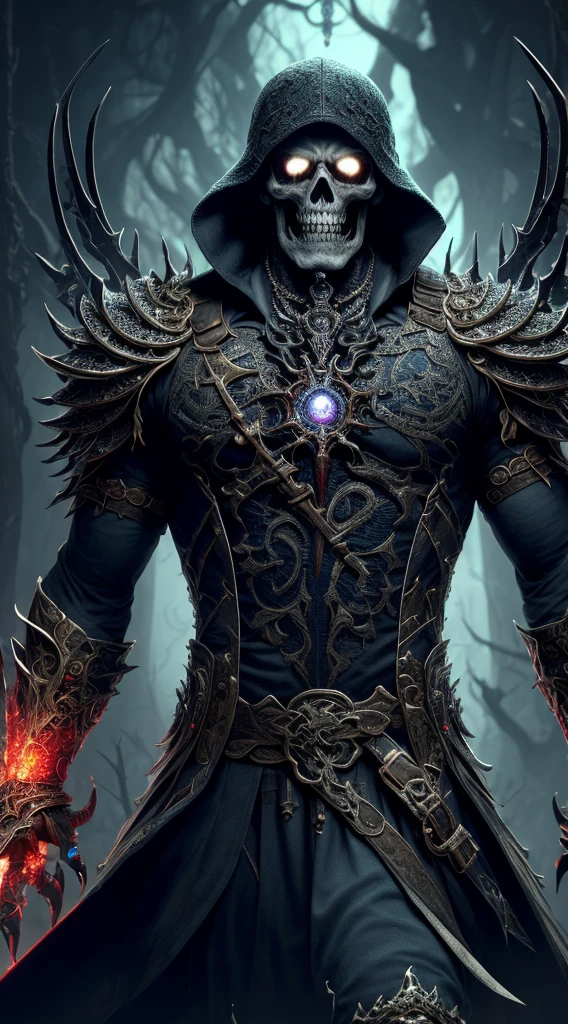 solo, gold yellow eyes, 1boy, upper body, male focus, skull, hood, mask, glowing, fire, black background, gauntlets, cloak, 1other, hood up