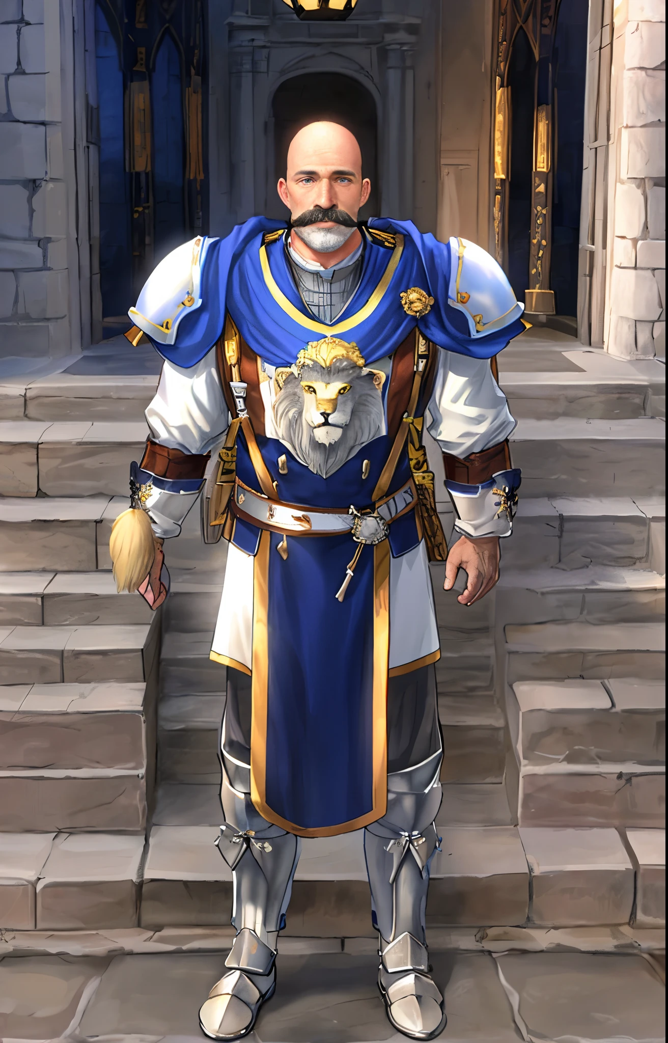 bald man, 50 years old, light brown mustache, white and blue armor, tabard with a lion's head design, calcha gloves, stone steps, stone building, fantasy