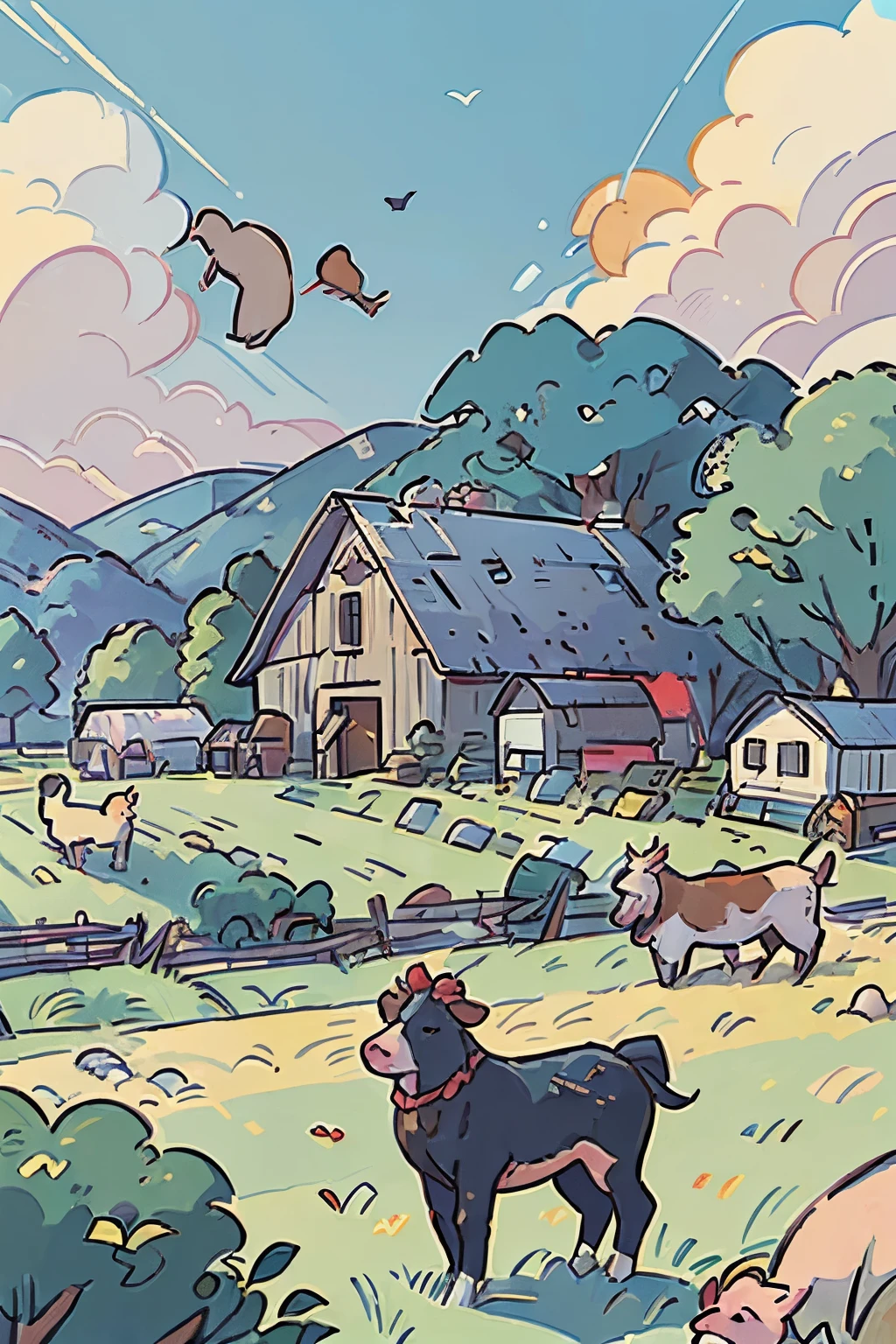 (best quality, realistic:1.37),vivid colors,cartoon style,animals,farm,landscape,sunny day,bright colors,farmhouse,green grass,happy animals,barn,detailed textures,playful,clear blue sky,farmland,haystack,harvest,peaceful,scattered clouds,rooster,cow,pig,chicken,horse,sheep,goat,turkey,duck,stable,dog,cat,bunny,feathered birds,farmer,tractor,work animals,animal barn,friendly interactions,joyful,harmony,typical farm scene,under blue sky,quiet countryside,pastoral setting,full of life,smiling animals,serene environment