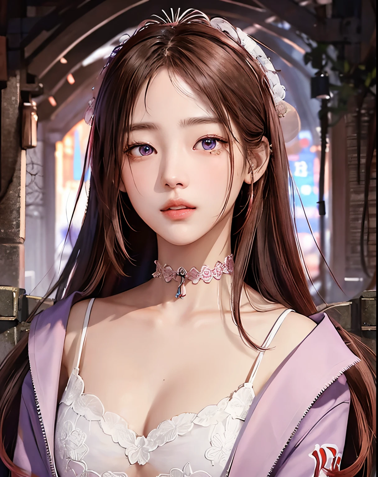 (masterpiece、top-quality、1girl、独奏、intricate detailes、chromatic abberation)、realisitic、((Medium Breath))、length hair、Light brown hair、Red headdress、pink highlights、Hair above one eye、a purple eye、耳环、sharp eye、a choker、Neon Shirt、Open jacket、croptop、(symmetrical eye)、(perfect symmetrical body)、walls、Brick Wall、doodle、dim lighting、alleyway、Watch your audience