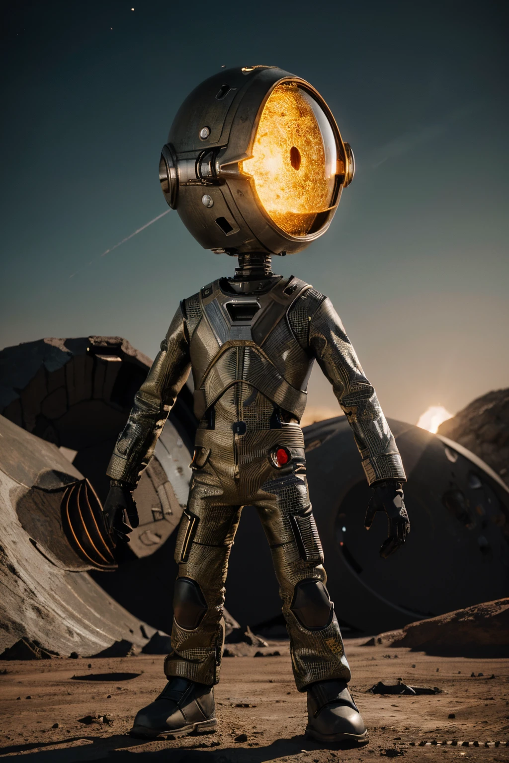 A Modern flat toon Crazy whit a Big ONE a Only Eye Robot and helmet Style, tongs in hands, Tv head, pinhead, camouflage Yellow White Rusty, Ambient in a meteorite crater super detailed, center, beautiful, soft lighting, focused on the character, 4K resolution, photorealistic rendering,