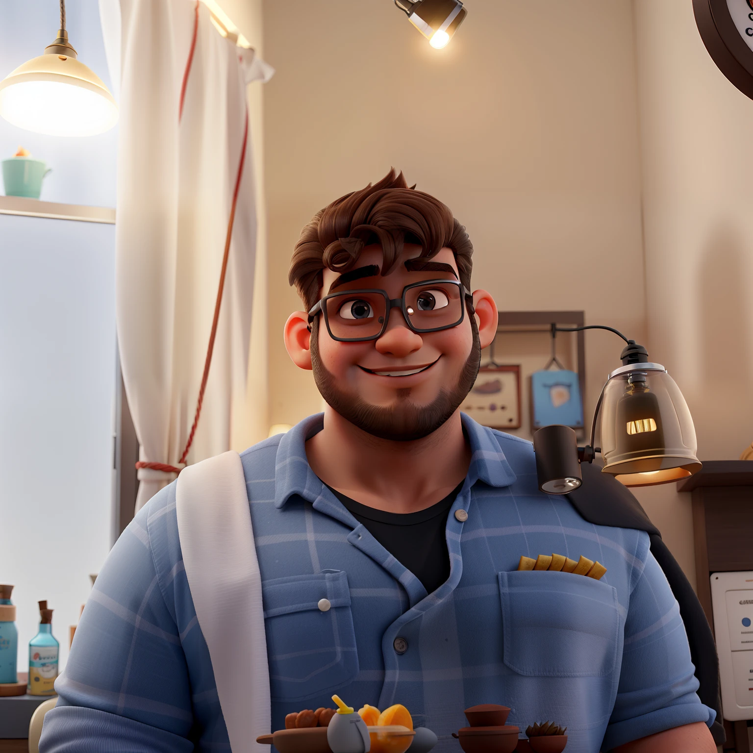 Um gordinho de cabelo cortado em volta de uma cadeira de barbeiroaltura de 1,70, illuminated by the light of a lamp, contra o pano de fundo de uma barbearia