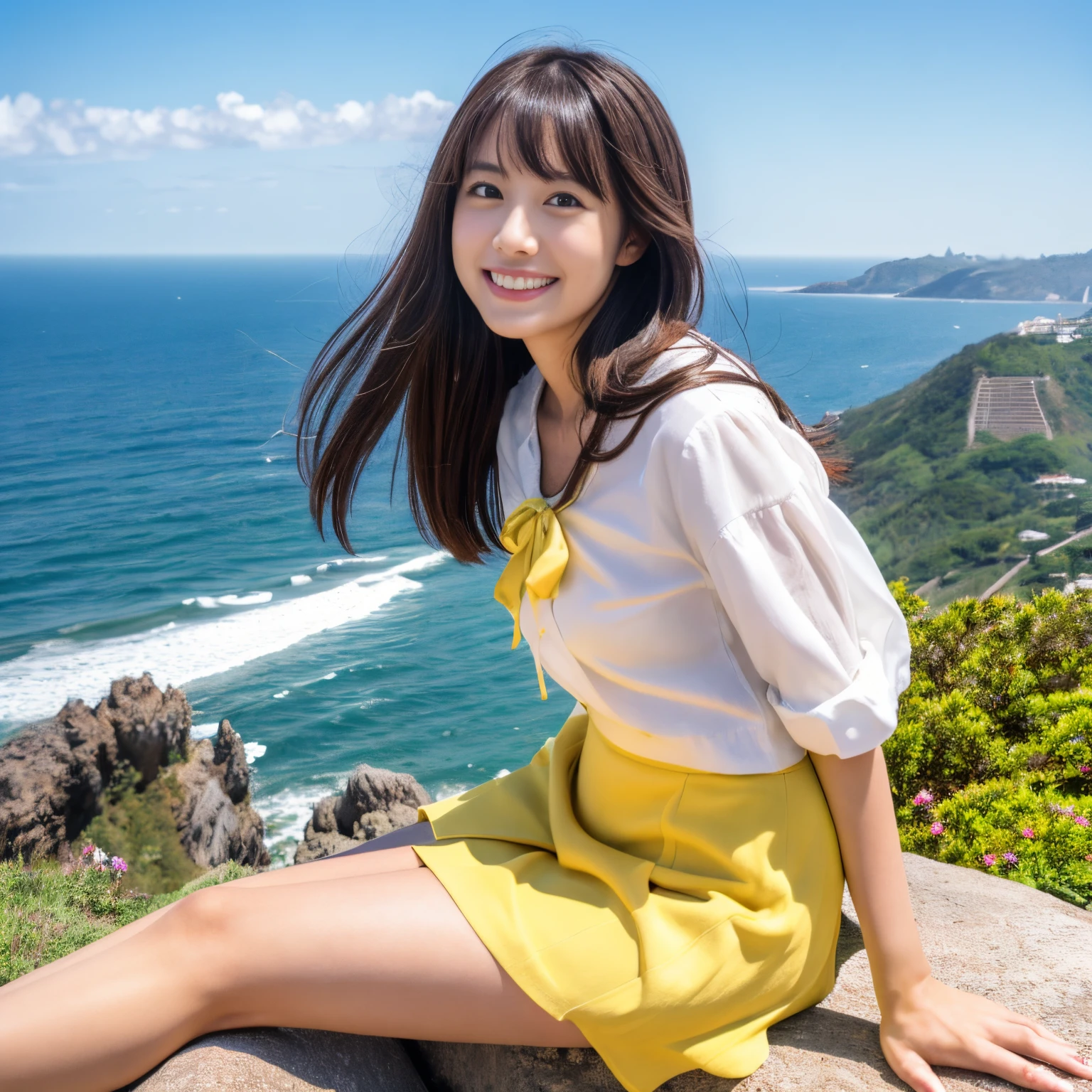 Best Quality,masutepiece,超A high resolution,(photographrealistic:1.4),1girl in,Looks like Yua Mikami，,Japan Woman,white panty hose，wearing a yellow down jacket，green super mini skirt，On a hill where you can see the ocean from a cliff，Smiling，Full-body high-definition image，The figure is a little smaller，Bright sunshine，Nice weather with no clouds，