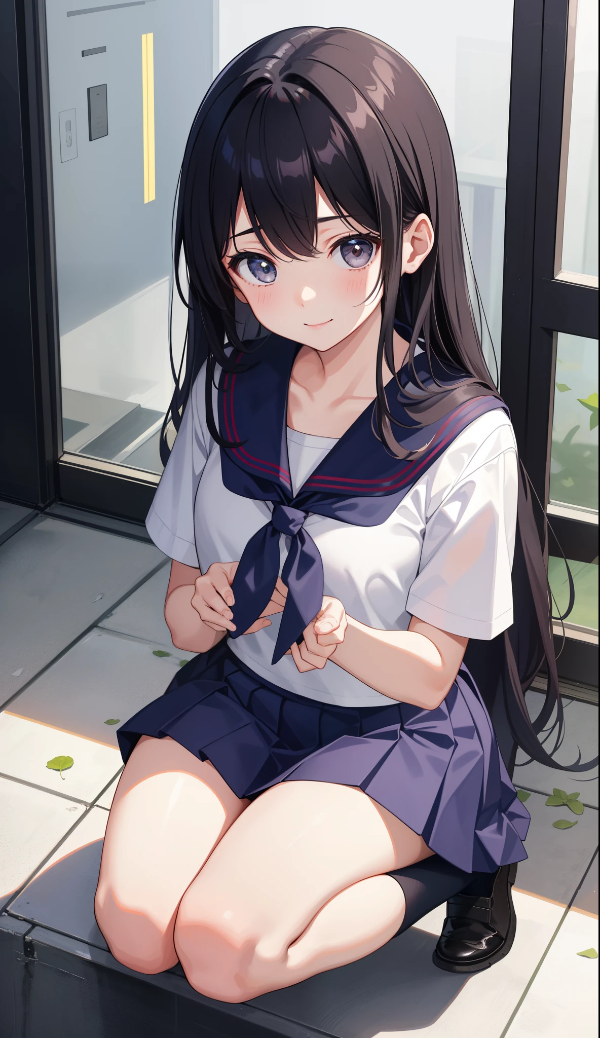 1girl in、AS-Adult、The shirt、skirt by the、（small tits）Chilarism、Japan High School Student Uniform、serafuku、summer clothing、（Sheer Bra）、Upper body portrait、the wind、Squatting panchira、