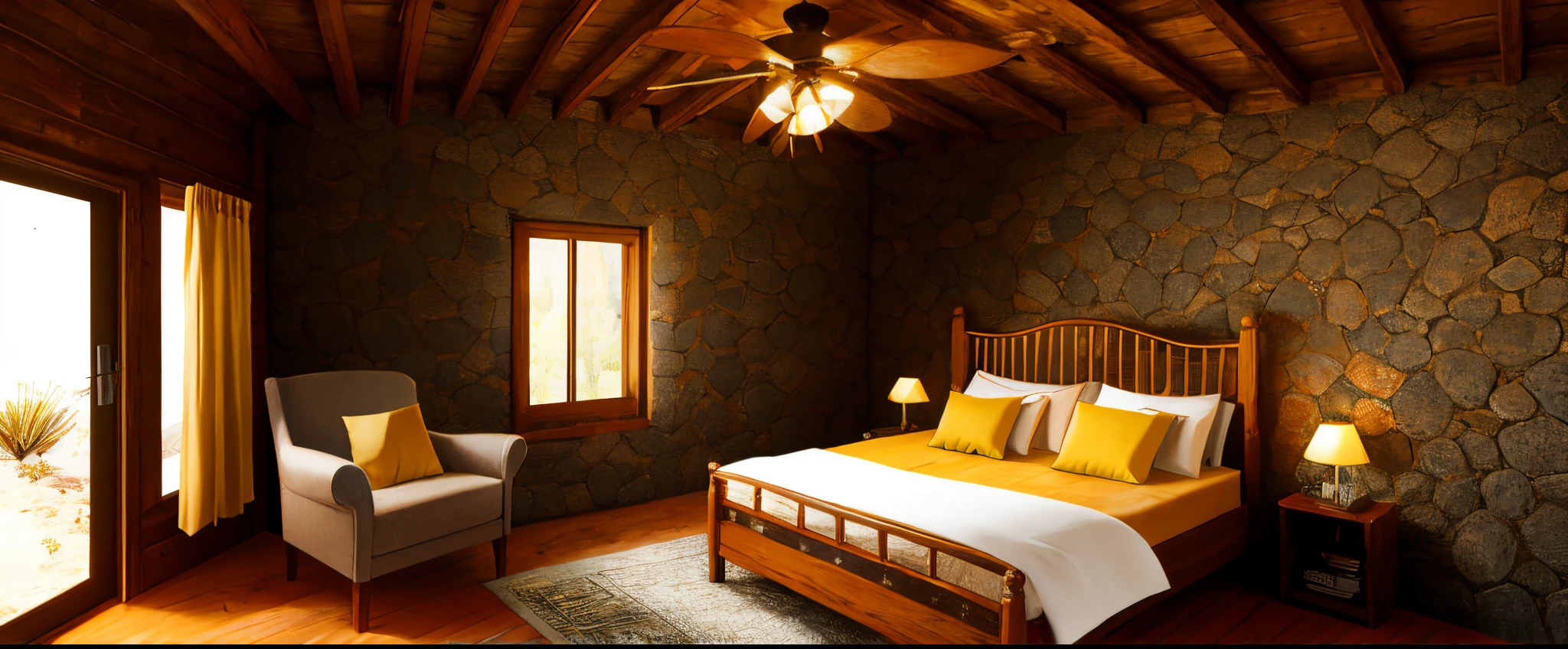 Generate a picture，The content is：Interior view of cozy cabin in desert cave，Fully furnished required，The decoration is more American style，There is yellow light。