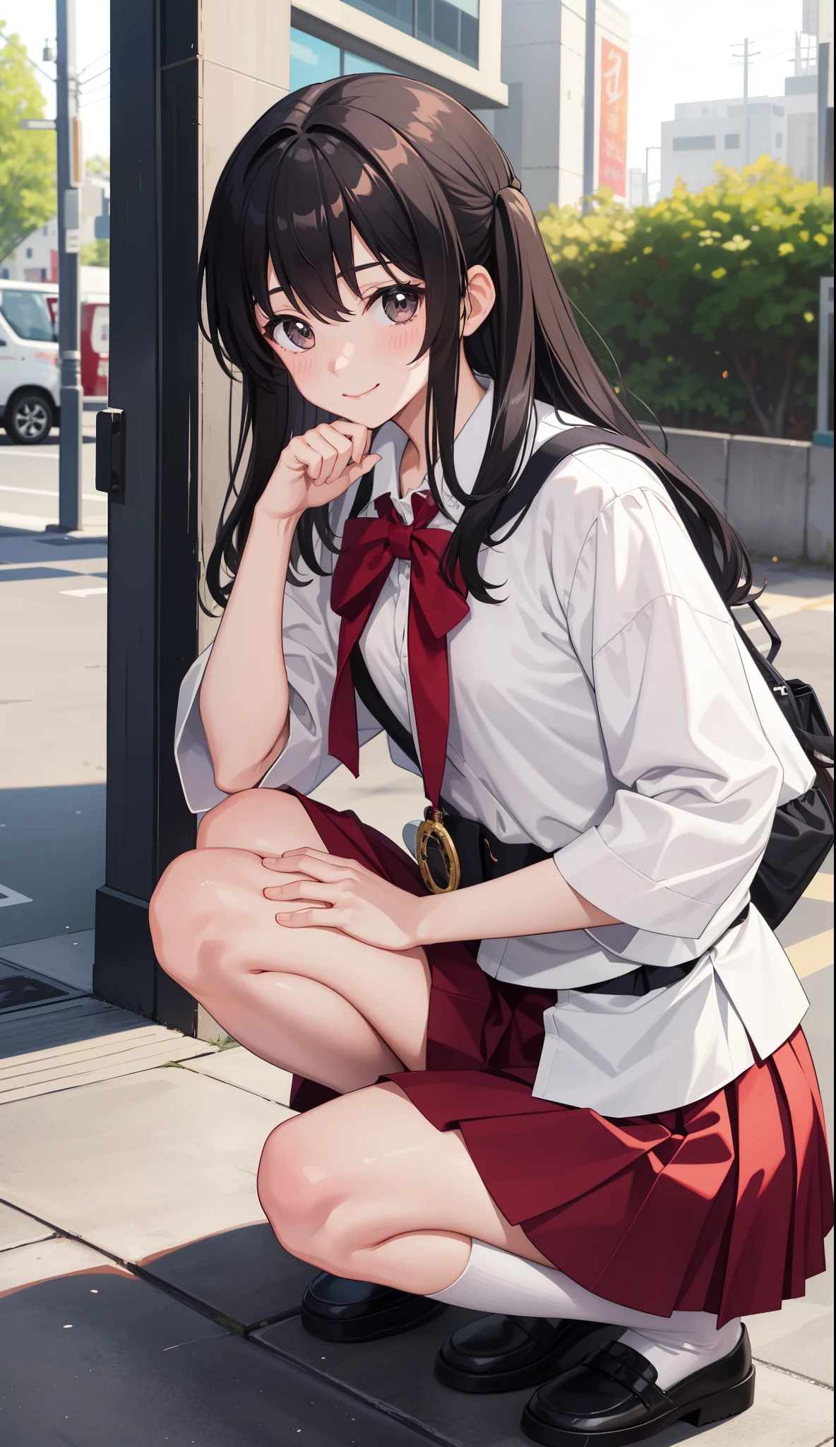 1girl in、AS-Adult、A smile、be shy、The shirt、skirt by the、（small tits）Japan High School、校服、serafuku、crouching down、Panchira、Upper body portrait、