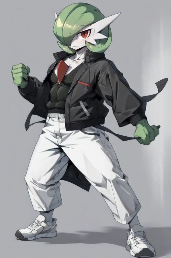 masterpiece, best quality, full body, Solo, male focus, (androgynous), furry, pectorals, pectoral cleavage, muscular, ((Gardevoir)), ((pokemon)), (crop jacket), (tai chi),