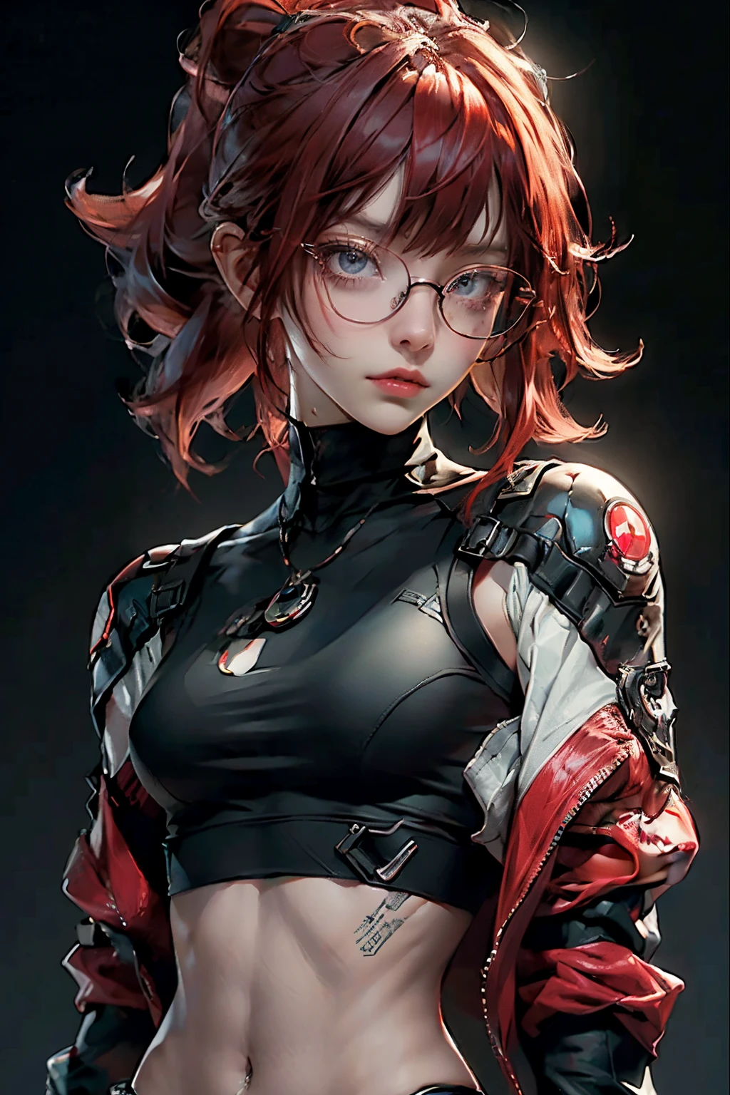 1nerdy girl with glasses, 28yo, Pia bangs hairstyle, (fringe cut bangs hairstyle), (The forehead is hidden by bangs), (((red hair))), ((boyish)), ((pony tail)), asymmetrical hair, (((black-rimmed round glasses))), ((beautifully detailed face)), long eyelashes, (Beautiful detailed eyes), (sharp eyes), Bright pupils, (Blue eyes), Fine eye makeup, (evil Smile), ((black frame glasses)), cyberpunk style, long black open jacket, street fashion, sport pants, (Solo), (Suggestive Pose), (cinematic angle), Full Body Shot, perfect anatomy, slender, small bust, cleavage, abs, (thin waist), muscular body, collarbone, (high detailed skin), ((top-quality)), ((High Definition)), ((beautiful detailed)), high quality shadow, Rule of thirds, mostly cloudy sky, ((official art)), anatomically correct, (((Best Quality))), (((masterpiece))), (((Super Detail)))
