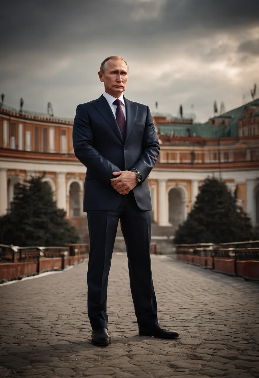 A photo of Putin visiting a historic monument,original,Vladimir Putin, the Russian President, presents a carefully crafted image: he is typically seen with a short, neat haircut and a lean, athletic physique, often dressed in suits that project an image of formality and power. His public persona is one of sternness and resolve, with a steely gaze and a rarely seen smile, adding to his aura of seriousness and determination.