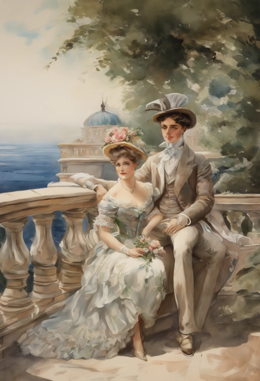 A romantic scene, a full body view of buxom elegant lady and a young man on a terrace overlooking the sea. Victorian era, watercolor painting