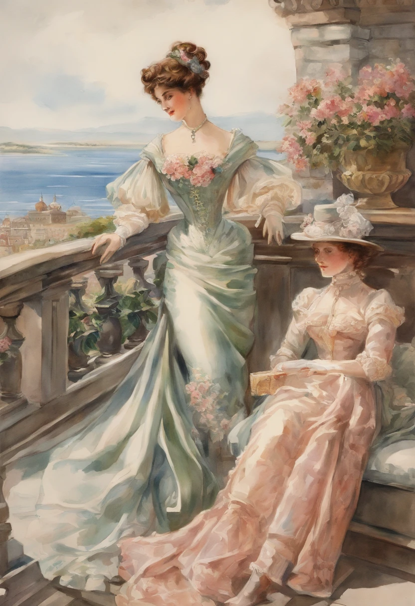 A romantic scene, a full body view of buxom elegant lady and a young man on a terrace overlooking the sea. Victorian era, watercolor painting