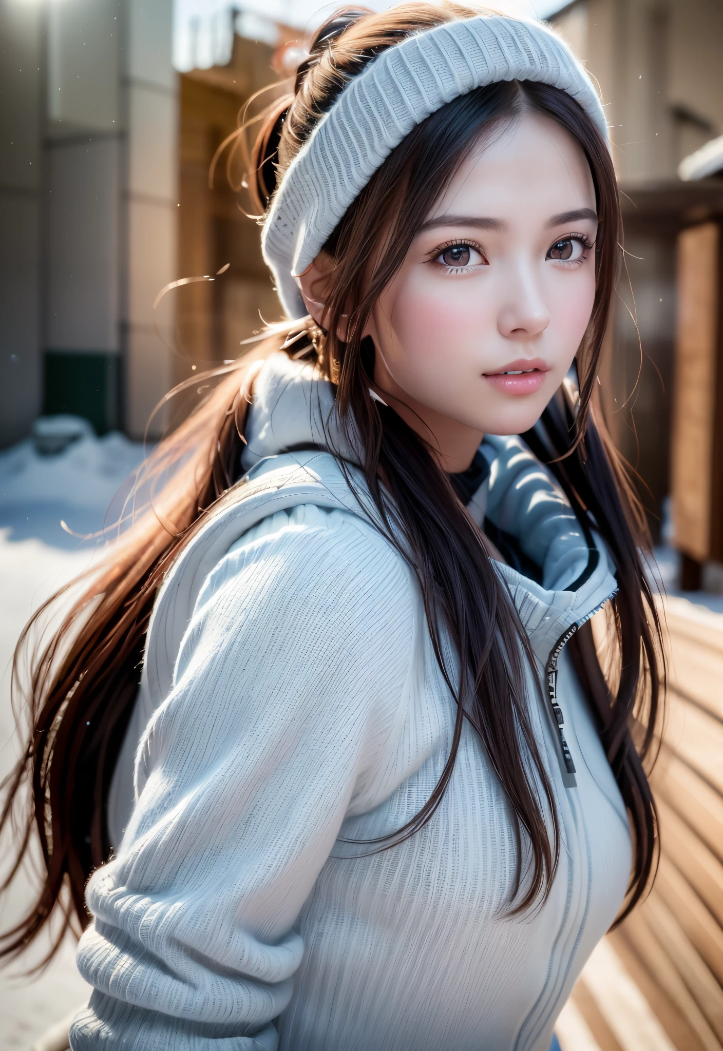 8K, of the highest quality, masutepiece:1.2), (Realistic, Photorealsitic:1.37), of the highest quality, masutepiece, Beautiful young woman, Pensive expression,、A charming、and an inviting look, skiing、snowboarder、Ski Wear, Hair tied back, Cinematic background, Light skin tone、Ski Resort Background