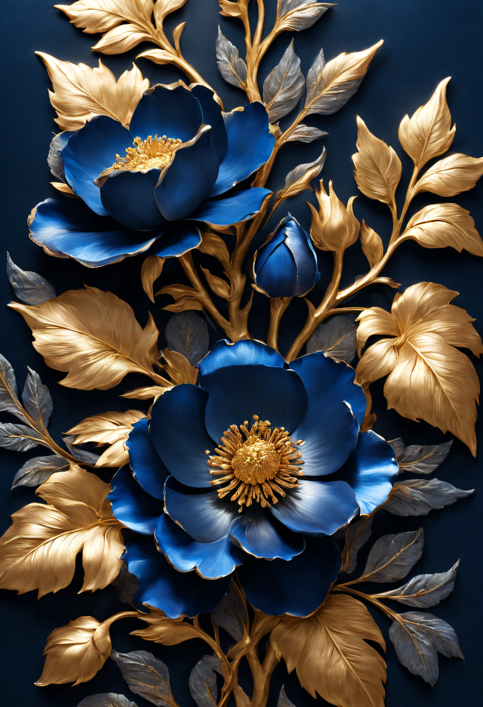 full bloom, The light from the rear window is backlit, RococoStyle, lightand shade contrast, closeup cleavage, hyper HD, tmasterpiece, Acura, high detal, high high quality, Award-Awarded, Best quality, A high resolution, 8K,
(Blue temptation rose made of metal grows tenaciously on the rock), Each metallic blue enchantress flower has cascading petals, Rich metallic texture,they are dark blue,Like the night sky and the deep sea,Has an attractive metallic luster,leaves made of platinum,Blue shells, (The edges of the petals are edged with gold brushing technology:1.0),Capturing light and shadow, gold flowers, helianthus flowers, golden rose, flowers and gold, (Gold-plated embossing: 1.5), Detailed flower, Gorgeous flowers,intricate flowers, Messy golden leaf flowers, 8K detailed oil painting, Stunning and detailed, gilded. flowers blooming, baroque element, Fine workmanship,Give people a kind of tenacious growth、Unyielding feeling background of life:cliff rocks by the sea,