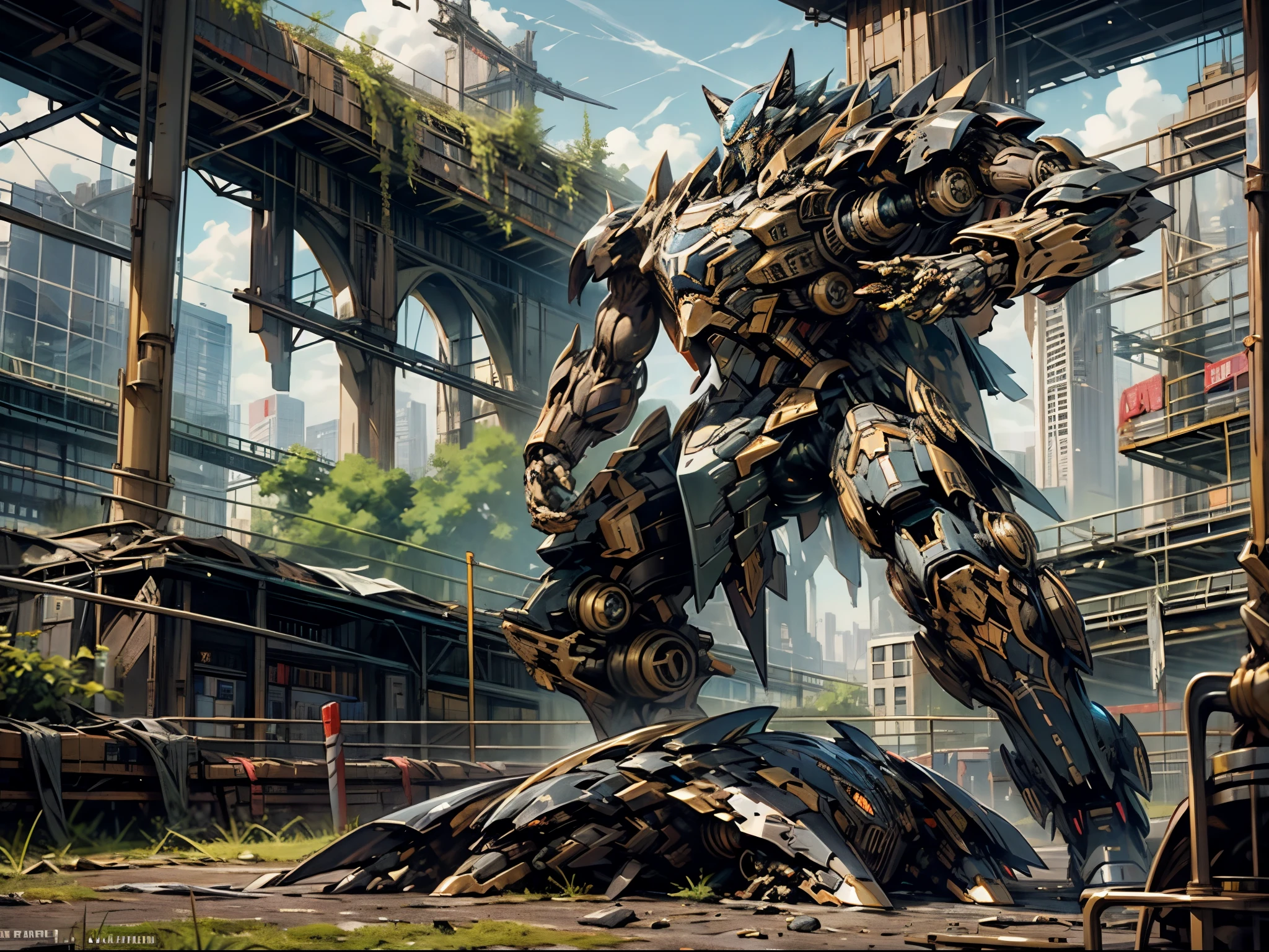 Mecha Black Panther，On the battlefield of the future，The distant view is the ruins of the city