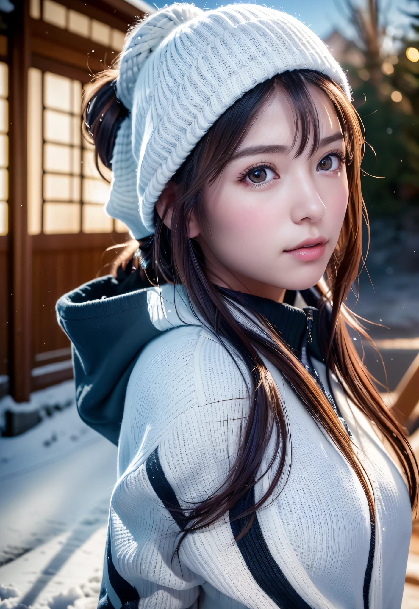 8K, of the highest quality, masutepiece:1.2), (Realistic, Photorealsitic:1.37), of the highest quality, masutepiece, Beautiful young woman, Pensive expression,、A charming、and an inviting look, skiing、snowboarder、Ski Wear, Hair tied back, Cinematic background, Light skin tone、Ski Resort Background