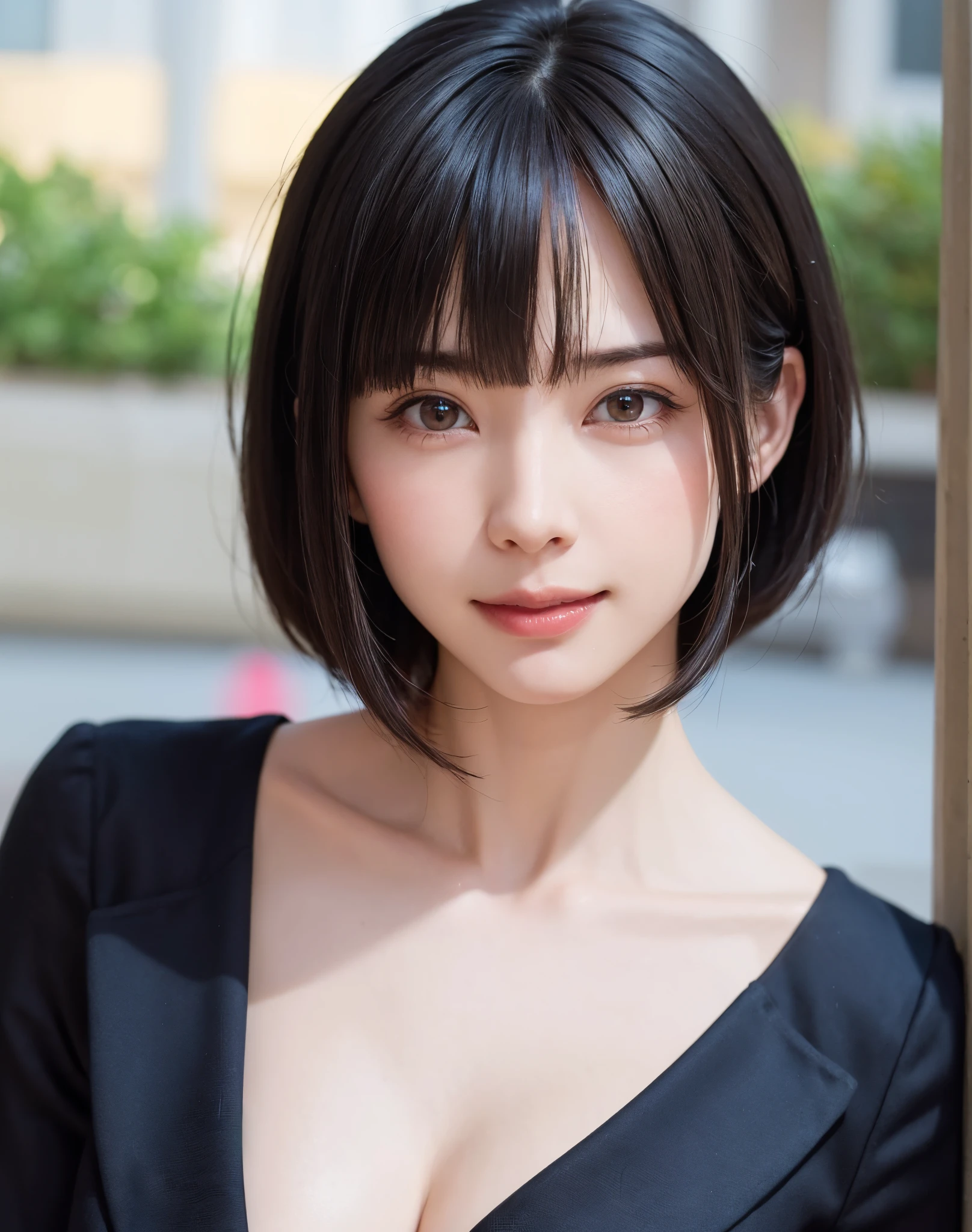 1 girl、highest quality、Masterpiece、Realistic、alone、Written boundary depth、Natural soft light、Daytime、Charm、Beautiful face in symmetry、Cleanliness、beauty、Pure Face、White glossy skin、美しくLong neck、Put out your ears、cute、bangs:1.6、Shiny short hair、prohibit、Beach、Light of the sun、Whole Body Ezbian、((bangs、sweater、Golden ratio beautiful face、Beautiful symmetrical face、The arms are stretched out downwards to hold the chest in place, emphasizing the cleavage.、Large Breasts))、Long neck、Listen carefully、すっきりとしたbangs付きショートボブ、Mouth closed with a happy smile:1.6、Perfect Fingers、Perfect hands、Perfect body、Perfect Face、Put the light in your eyes、Perfect Anatomy:1.6、、Beautiful décolletage:1.6、とてもcuteスーパーモデル:1.6、Dutch Angle Shot、Dynamic Angle