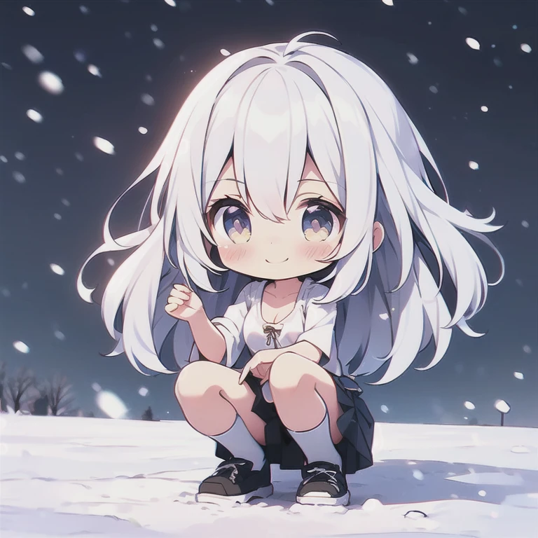 girl, ((li)), medium hair, ((small breasts)), shorts under skirt, white hair, kawaii, ((chibi)), snow, squatting, white kneehighs, light smile, looking at viewer,