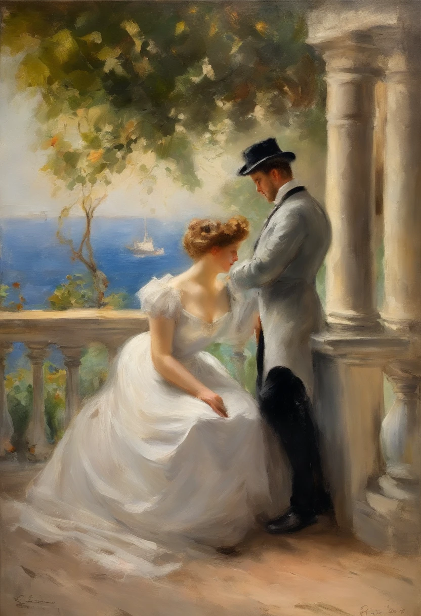 A romantic scene, a full body view of buxom elegant lady and a young man on a terrace overlooking the sea. Victorian era, watercolor painting