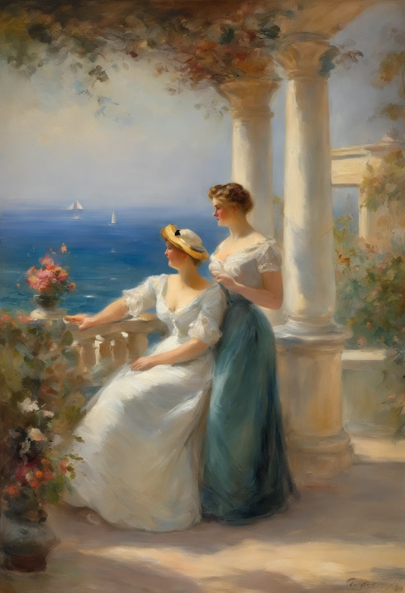 A romantic scene, a full body view of buxom elegant lady and a young man on a terrace overlooking the sea. Victorian era, watercolor painting