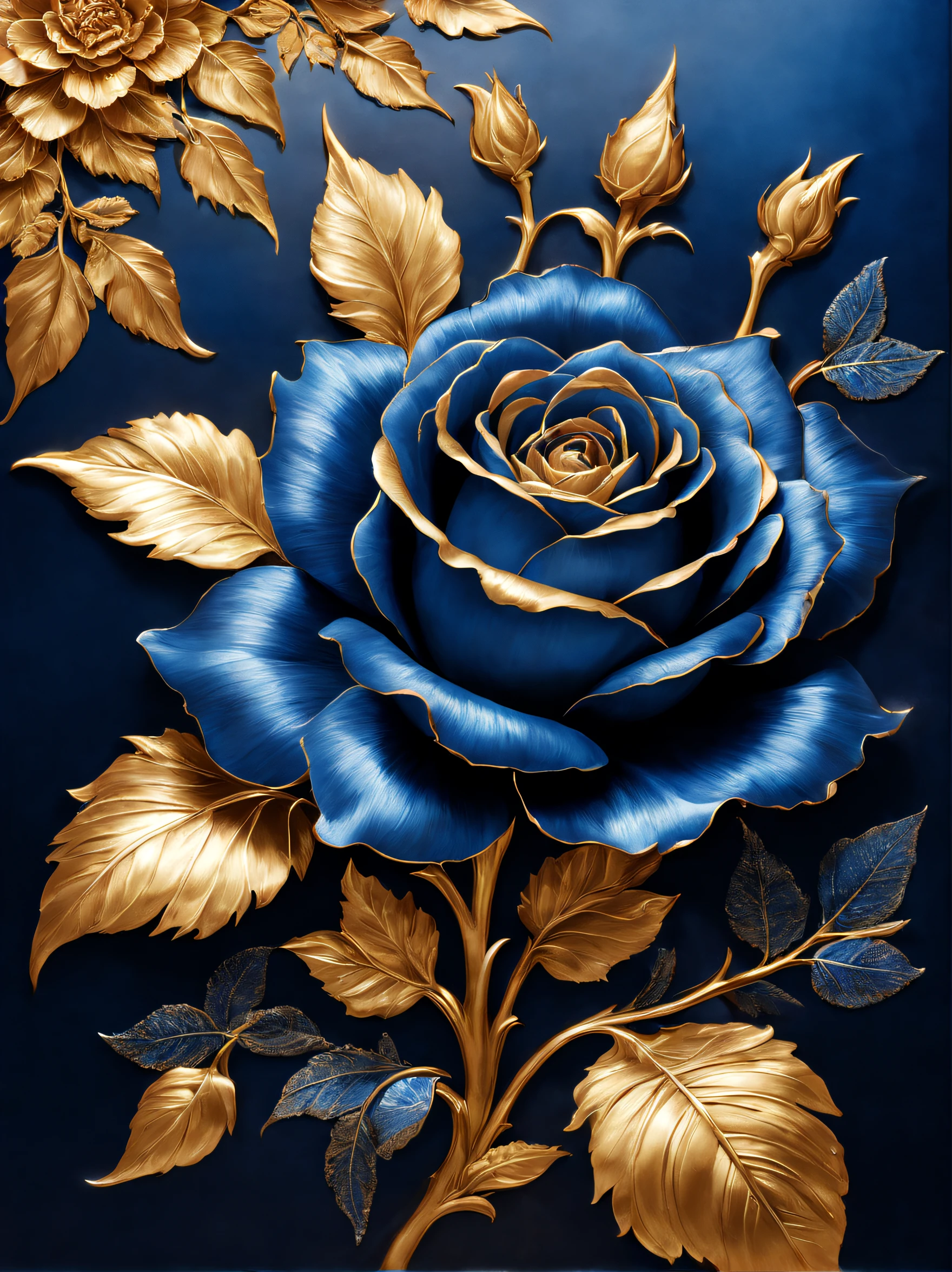 (Blue temptation rose poster made of metal）, Each metallic blue enchantress flower has cascading petals， Blue spray gold sand，Rich metallic texture，they are dark blue，Like the night sky and the deep sea，Has an attractive metallic luster，leaves made of platinum，（Petals trimmed with gold：0.6），The edges of the petals are brushed metal，Capturing light and shadow, gold flowers, helianthus flowers, golden rose, flowers and gold, (Gold-plated embossing: 1.37), Detailed flower, Gorgeous flowers,,intricate flowers, Messy golden leaf flowers, 8K detailed oil painting, Stunning and detailed, gilded. flowers blooming, baroque element, Fine workmanship，It gives a feeling of nobility、mystical feeling。
Background with：blue velvet cloth，Give people a kind of tenacious growth、The feeling of unyielding life