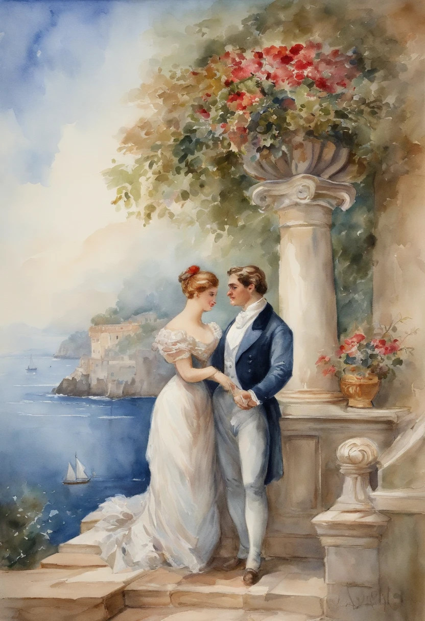A romantic scene, a full body view of buxom elegant lady and a young man on a terrace overlooking the sea. Victorian era, watercolor painting