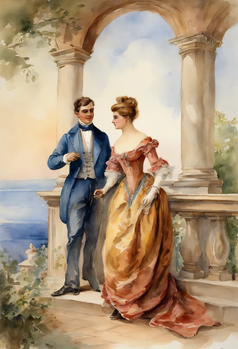 A romantic scene, a full body view of buxom elegant lady and a young man on a terrace overlooking the sea. Victorian era, watercolor painting
