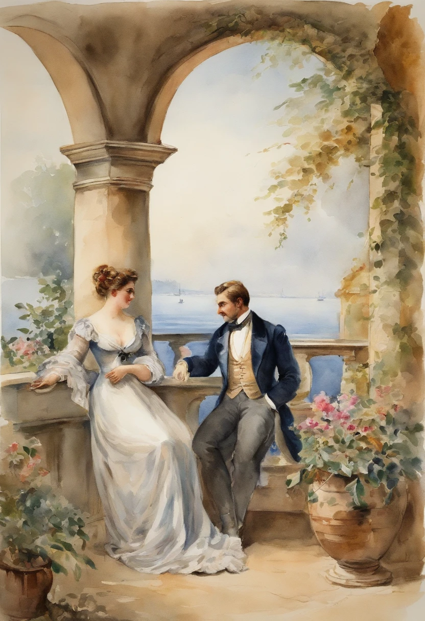 A romantic scene, a full body view of buxom elegant lady and a young man on a terrace overlooking the sea. Victorian era, watercolor painting