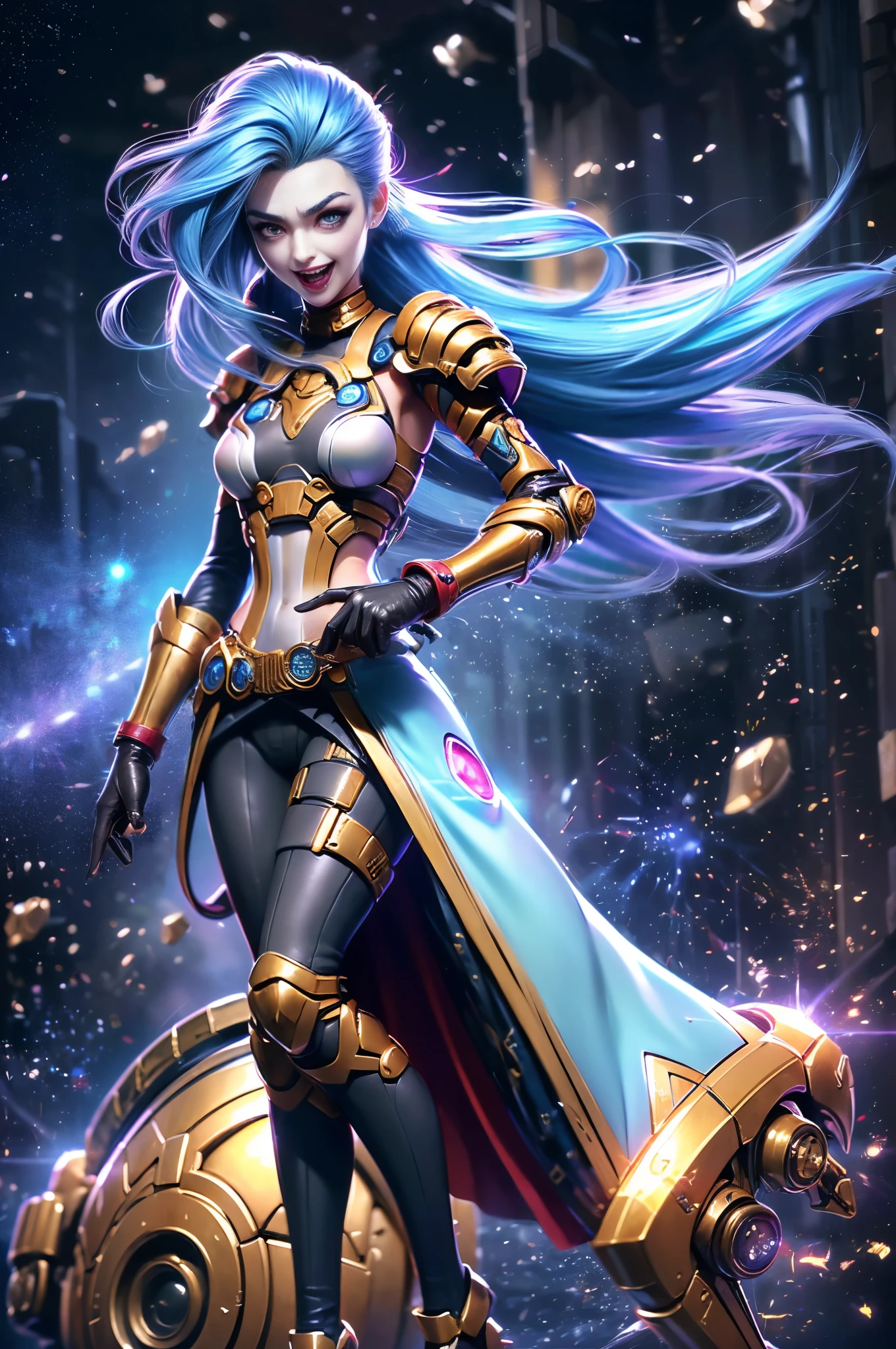 (Long-range shooting: 1.5), jinx \(league of legends\), (1girl，League of Legends Jinx)，(Scarlet eyes: 1.2, crazy laughter, Blue double ponytail hair: 1.5)，Kungfu，Wearing future technology mechanical armor，(Holding a particle laser cannon in hand，a revolver)，Aoshu crystal, Attack status，(Snowy mountain woods，surrounded by rain，League of Legends Game World)，Illustration style，The whole body is exposed to the rain for a long time，(exquisite facial features，Perfect hand features)，martial arts style，(Selective focusing，full body shot of，tmasterpiece，ultra - detailed，Epic work，highest  quality，8k，panorama, first-person view, atmospheric perspective, UHD, masterpiece, ccurate, anatomically correct, textured skin, high details, award winning, best quality), jinxlol, bydylankowalski