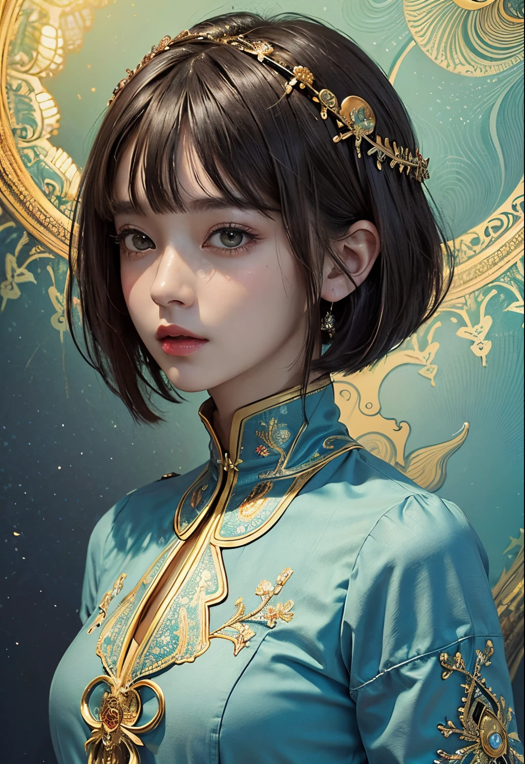 (masterpiece、top-quality、top-quality、Official art、Beautifully Aesthetic:1.2)、(1girl in)、ighly detailed、(Fractal Art:1.3)、colourfull、highestdetailed, ((Short bob with bangs))