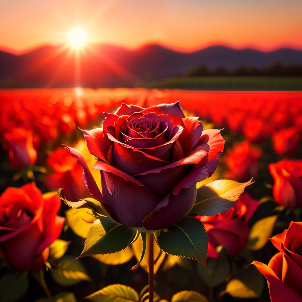 Super detailed single rose in the front of blurred rose field. Sunset.
Bright light