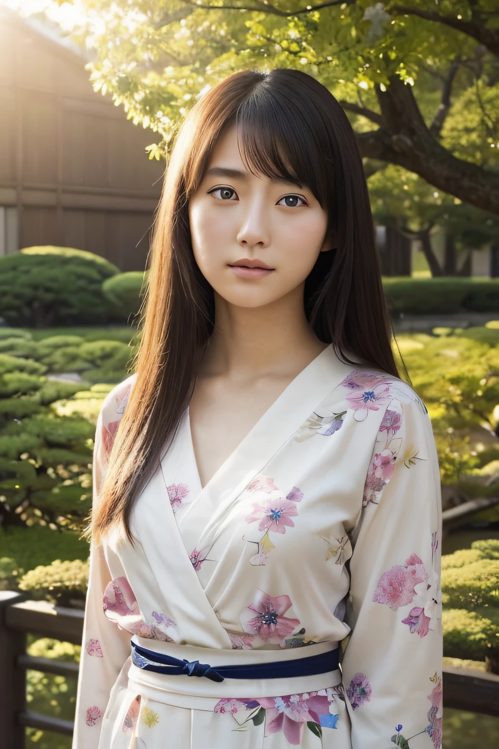 (Beautiful realistic Japan woman、20yr old、Beautie)、Something strange seems to happen、presentiment、suns、air movement、(nature)、