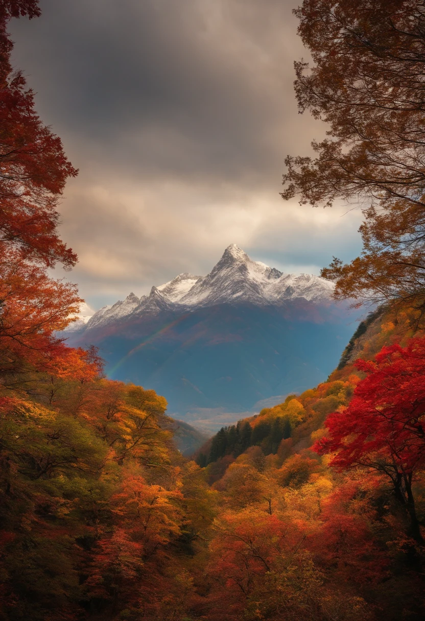 unknown mountain、Mysterious mountain、Mysterious mountain、suspicious mountain、Seven colored autumn leaves、Shining autumn leaves、Beautiful autumn leaves、Beautiful mountains、Dramatic、Rainbow clouds、