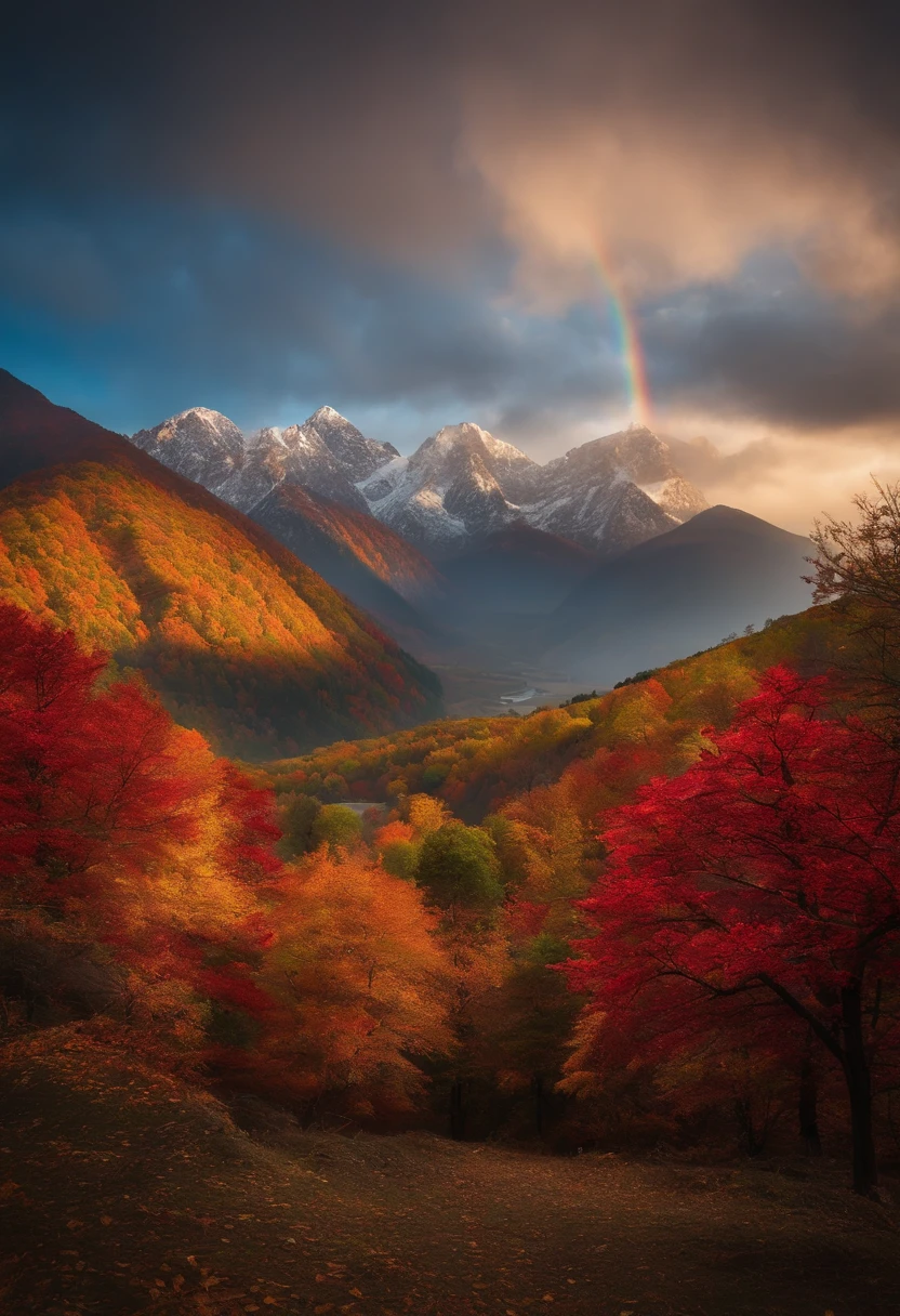 unknown mountain、Mysterious mountain、Mysterious mountain、suspicious mountain、Seven colored autumn leaves、Shining autumn leaves、Beautiful autumn leaves、Beautiful mountains、Dramatic、Rainbow clouds、