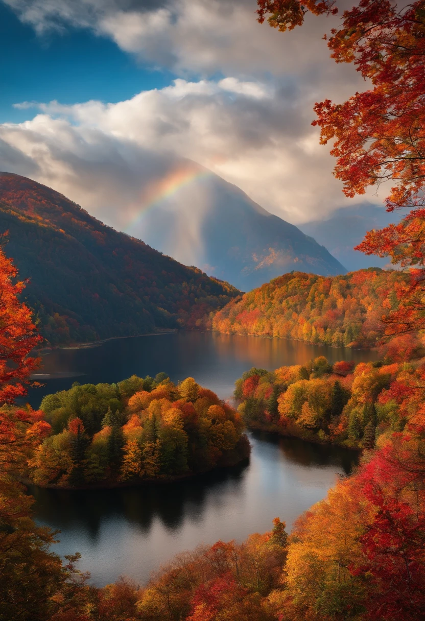 unknown mountain、Mysterious mountain、Mysterious mountain、suspicious mountain、Seven colored autumn leaves、Shining autumn leaves、Beautiful autumn leaves、Beautiful mountains、Dramatic、Rainbow clouds、