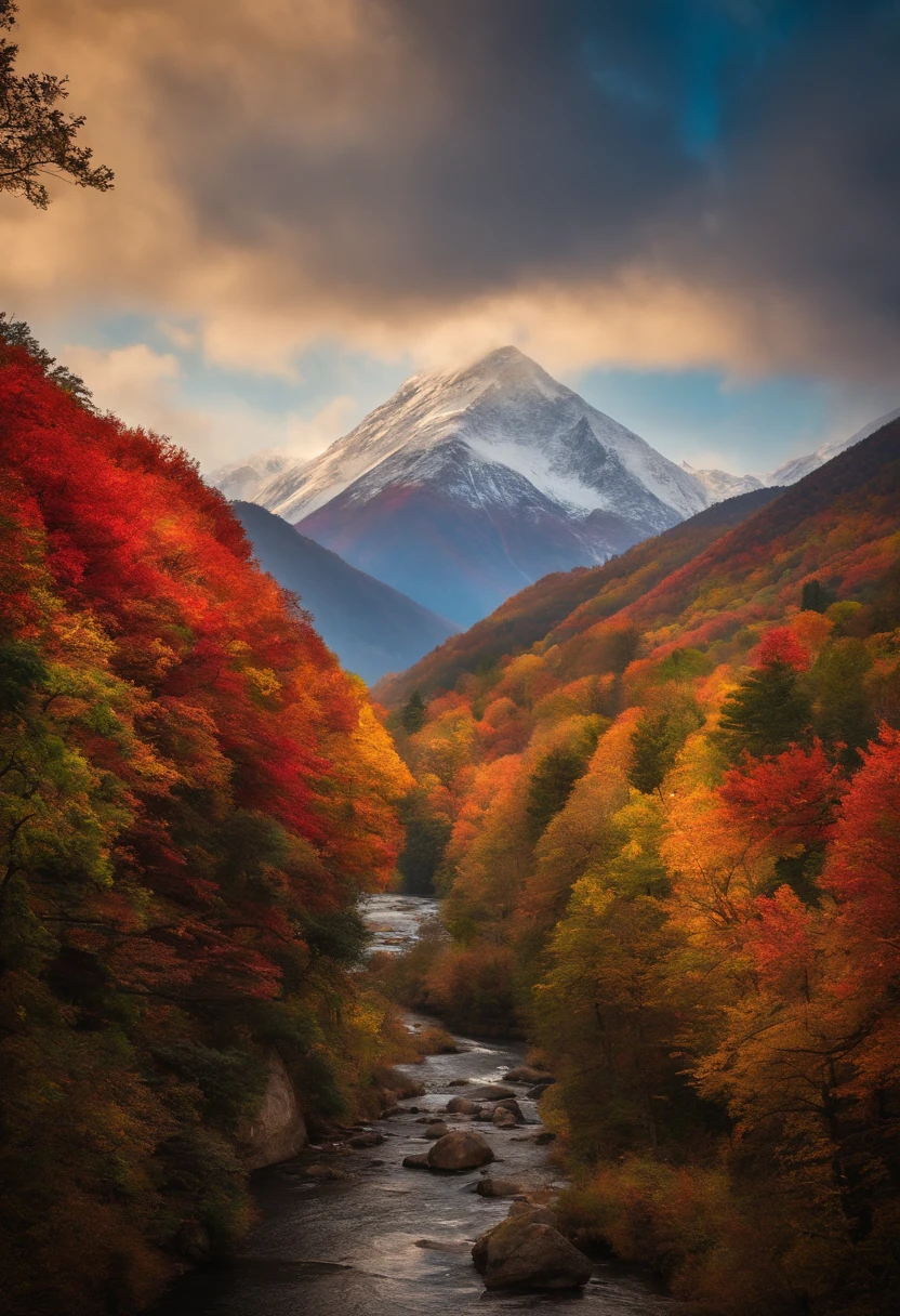 unknown mountain、Mysterious mountain、Mysterious mountain、suspicious mountain、Seven colored autumn leaves、Shining autumn leaves、Beautiful autumn leaves、Beautiful mountains、Dramatic、Rainbow clouds、