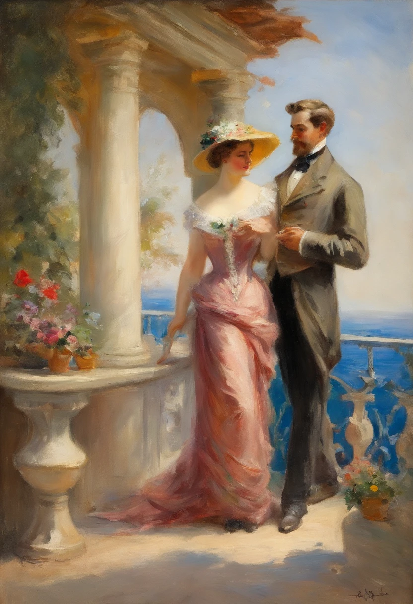 A romantic scene, a full body view of buxom elegant lady and a young man on a terrace overlooking the sea. Victorian era, watercolor painting