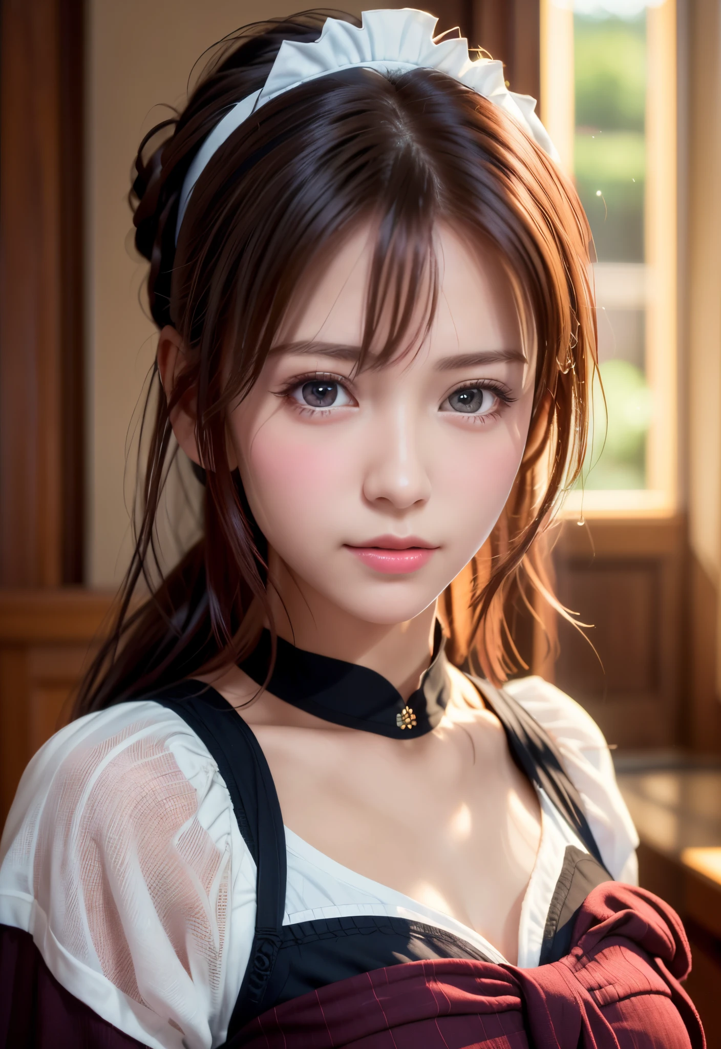 8K, of the highest quality, masutepiece:1.2), (Realistic, Photorealsitic:1.37), of the highest quality, masutepiece, Beautiful young woman, Pensive expression,、A charming、and an inviting look, Cute Maid Clothes, Hair tied back, Cinematic background, Light skin tone